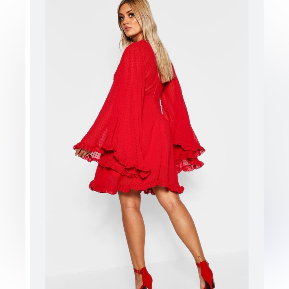 BOHOO Red long sleeve dress with sheer fabric and ruffles, bell sleeves. New.